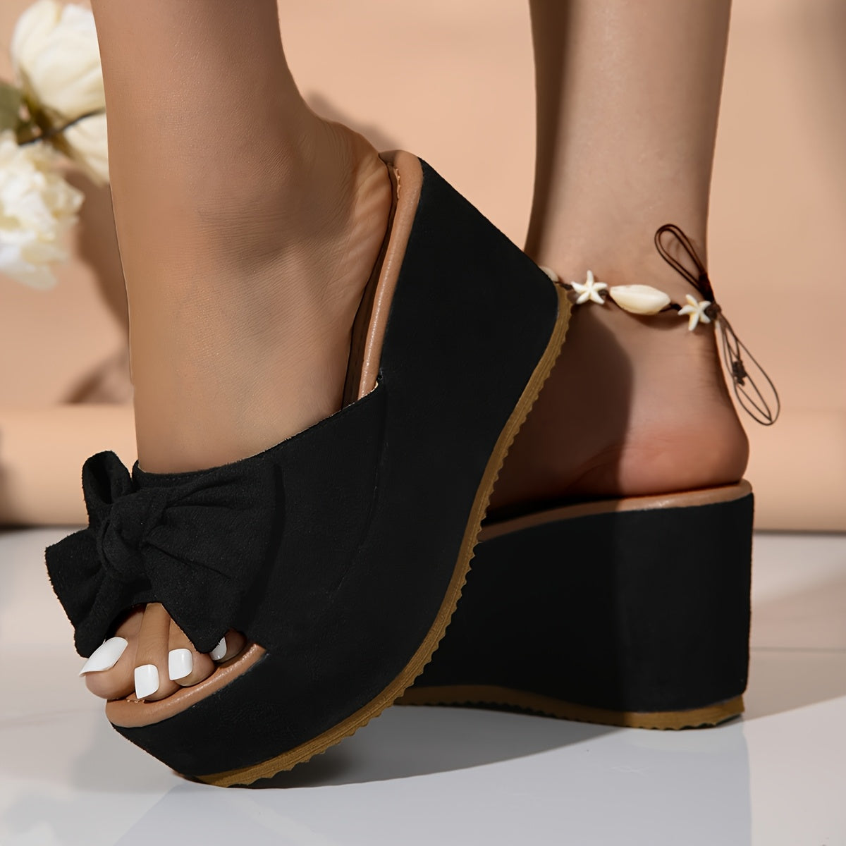 Women's Leopard Print Wedge Sandals with Bowknot - Stylish Slip-On Platform Heels, Comfortable Open Toe Design for Everyday & Party Wear, Black and Brown Animal Print Pattern, Everyday Footwear | Elegant Footwear | Fabric Upp